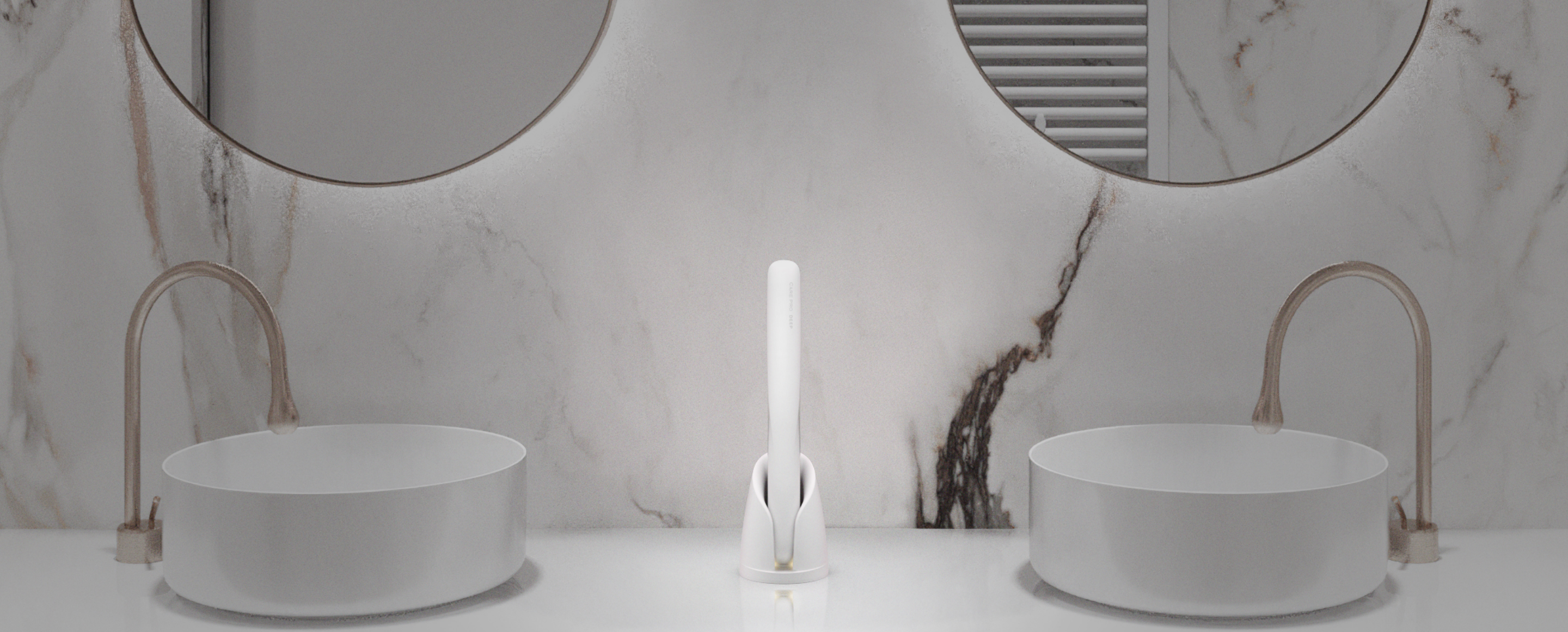 CARE PRO DEEP upright in its charging stand on a bathroom vanity.